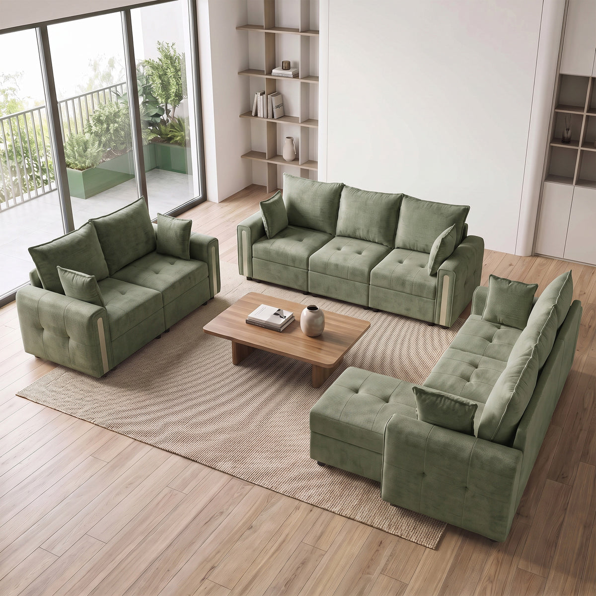 Dark green velvet loveseat sofa with cushions and track-style armrests