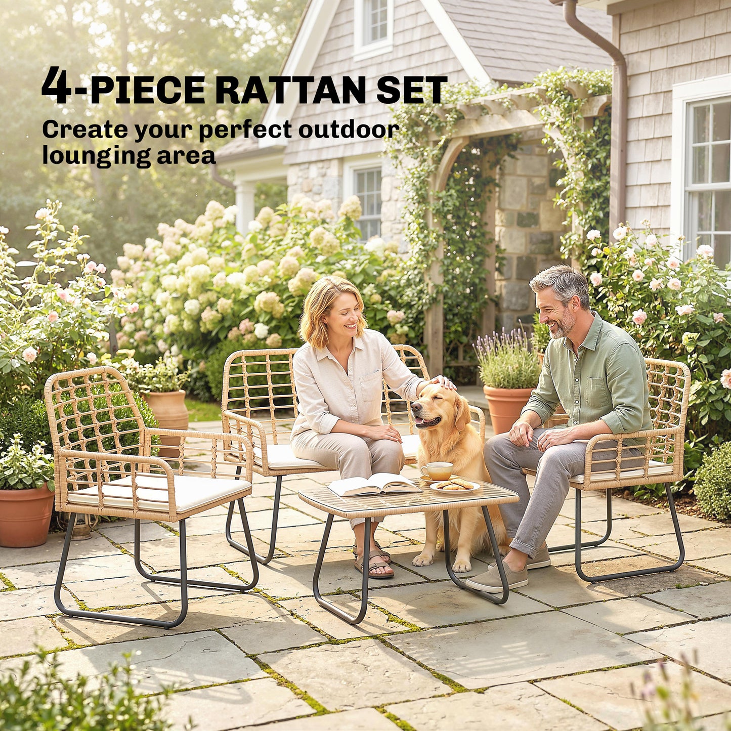 Outsunny 4 Piece Rattan Garden Set Outdoor Patio Furniture With Loveseat Armchairs And Coffee Table