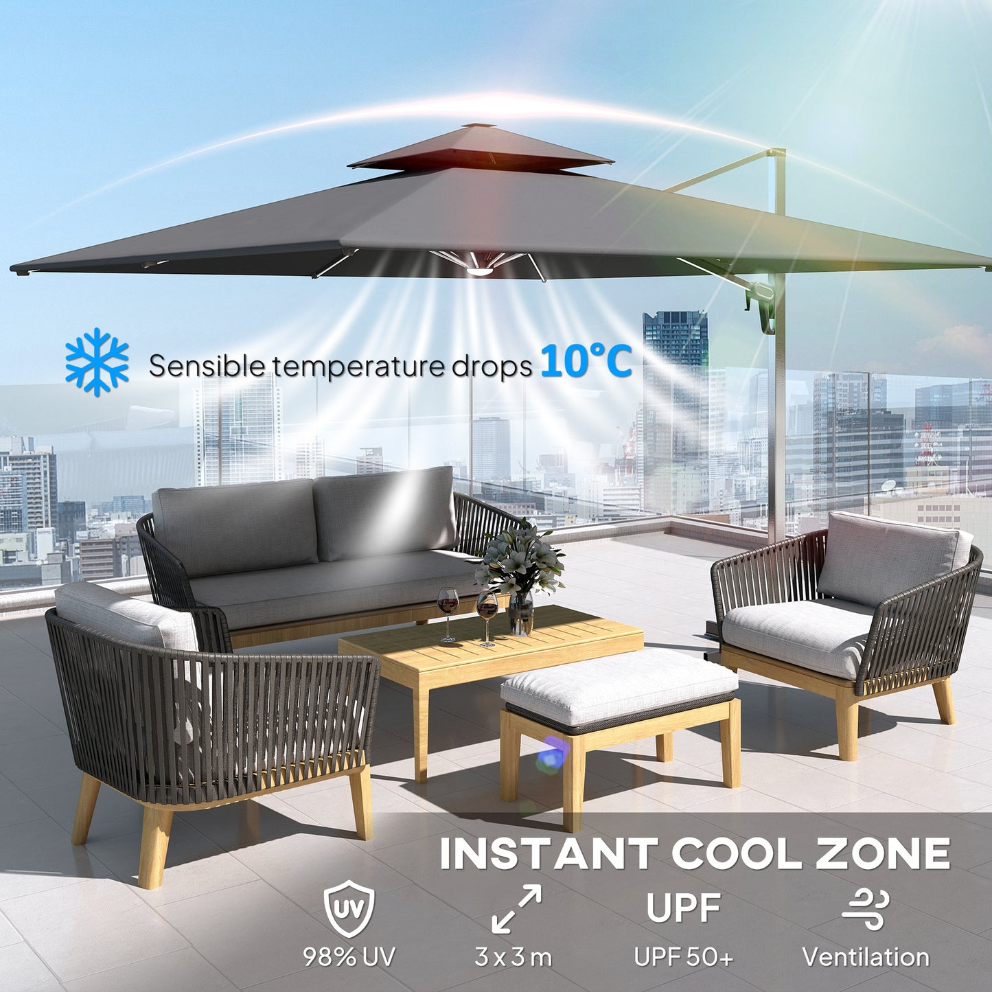 Outsunny 3m Garden Cantilever Parasol With Cross Base And Solar LED Lights 360 Degree Rotation Crank Tilt Grey