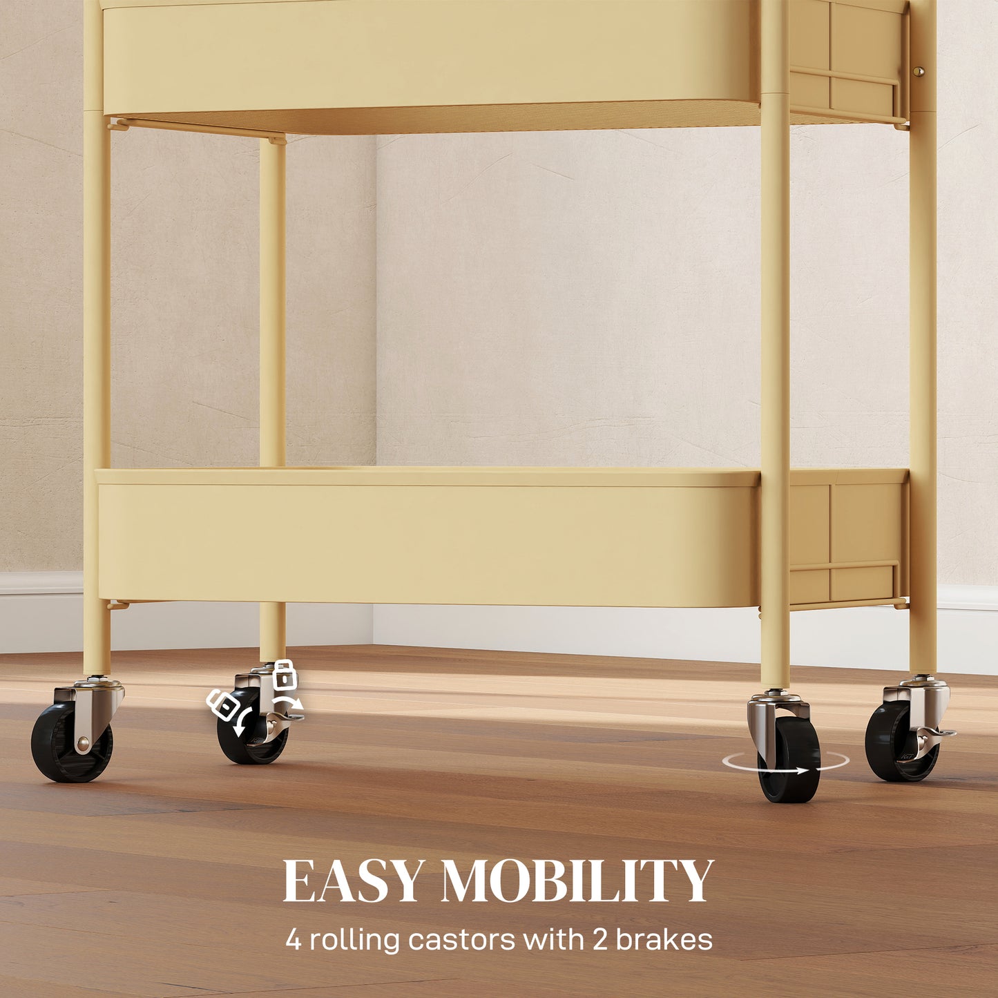 HOMCOM Three Tier Steel Storage Trolley With Baskets Yellow Rolling Cart For Kitchen Laundry Home Organization