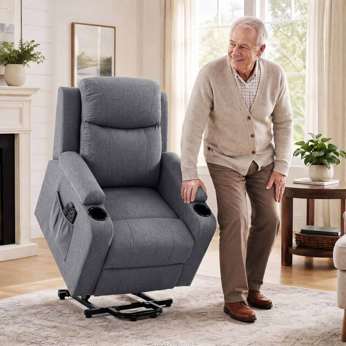 Gray power lift recliner chair with tall back and side arm storage pockets