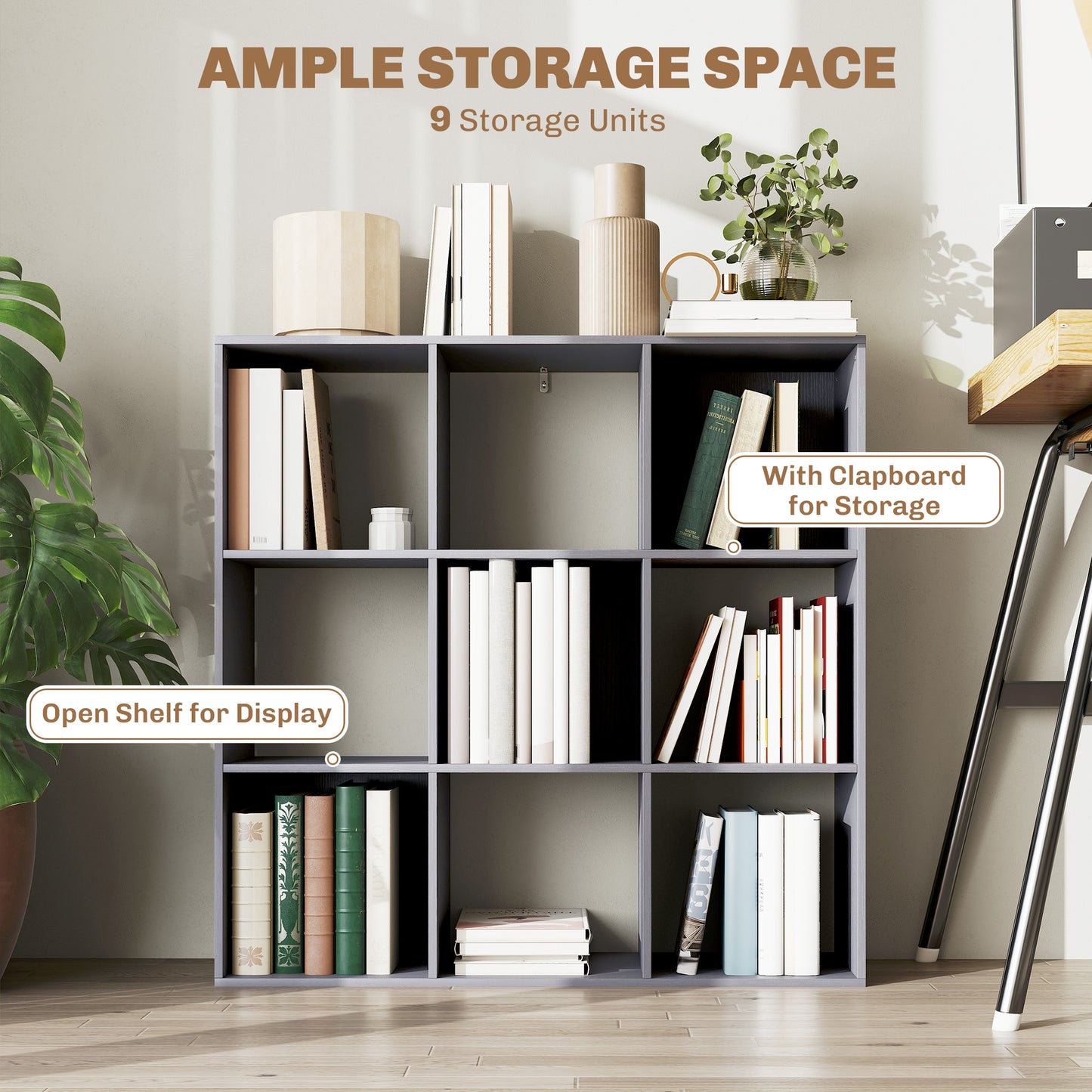 HOMCOM Nine Cube Storage Shelf Grey For Home Office Organization Durable Particle Board Construction