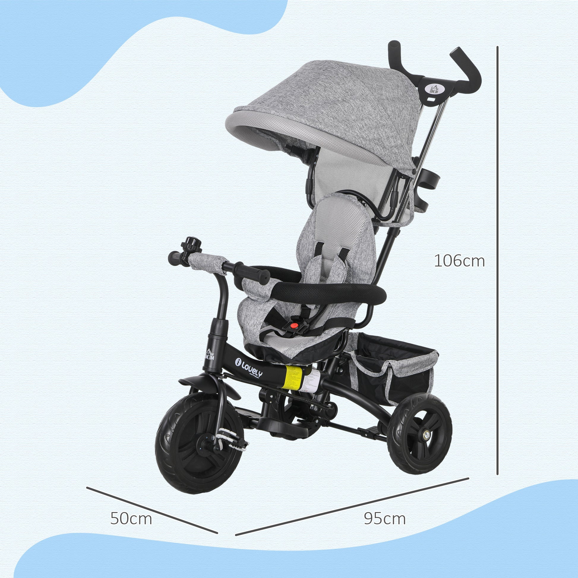 HOMCOM Deluxe 4-in-1 Kids Tricycle with Adjustable Push Handle, Canopy, and Safety Features for Ages 1-5 - Grey - ALL4U RETAILER LTD