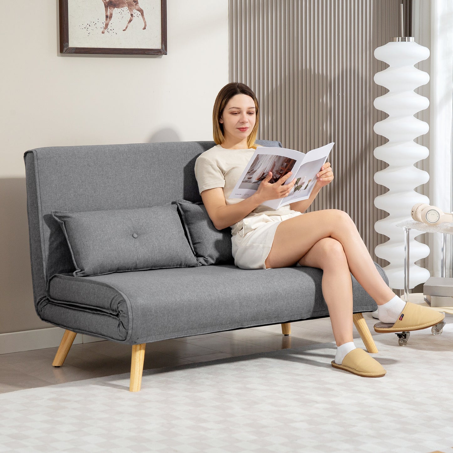 HOMCOM Two Seater Linen Look Sofa Bed in Grey With Click Clack Mechanism For Daybed Or Guest Sleeper