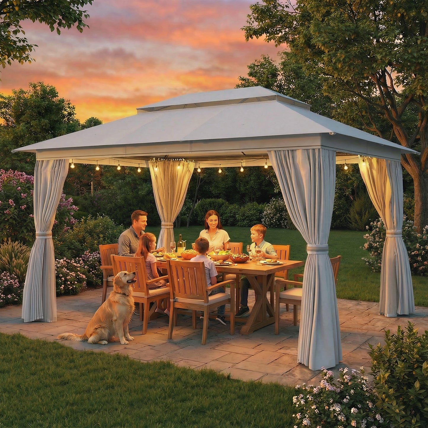 Outsunny 3 x 4 m Outdoor Garden Gazebo With Netting And Curtains UPF50 Plus Permanent Pavilion Canopy Dark Grey