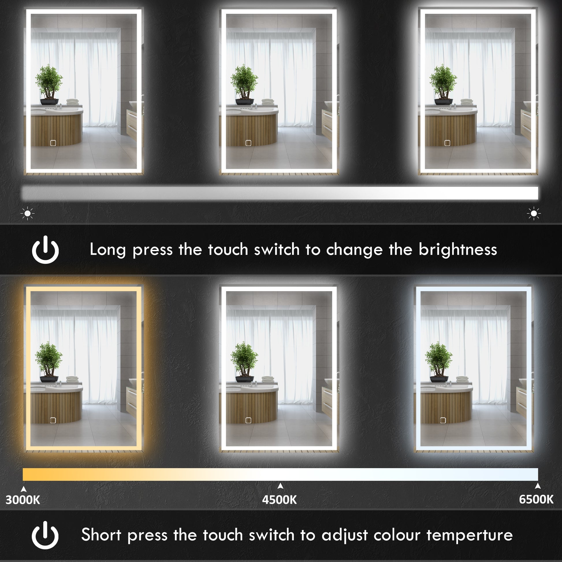 HOMCOM 70 x 50cm Smart Touch LED Vanity Mirror with Dimmable Lights, 3 Colour Options, Anti-Fog Feature - ALL4U RETAILER LTD