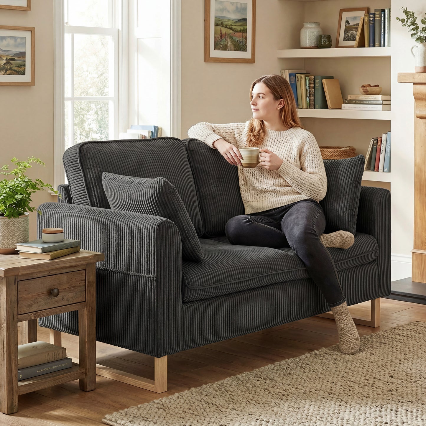 HOMCOM 2 Seater Sofa Loveseat 140 cm With Spring Cushions Metal Legs And 2 Pillows Dark Grey