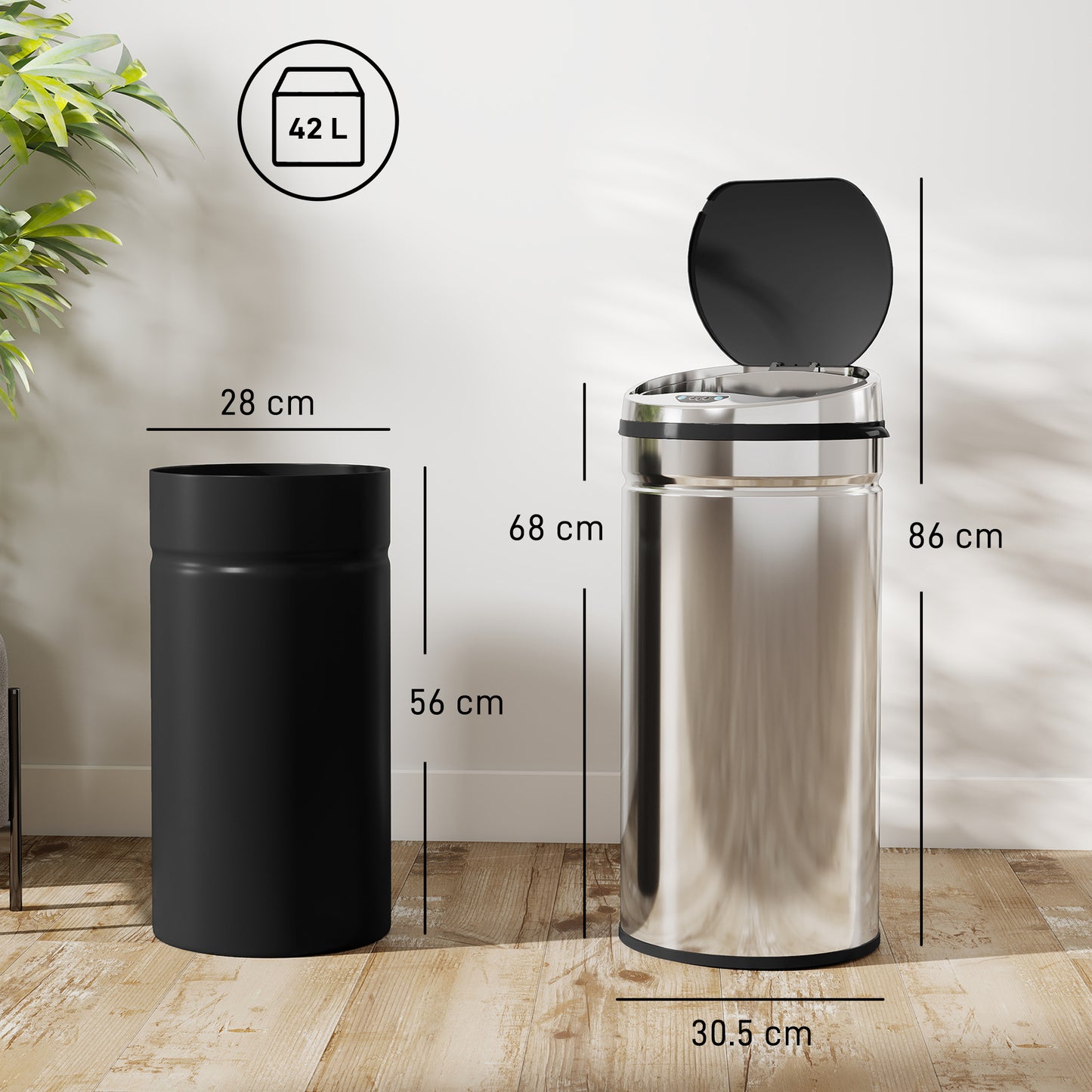 HOMCOM 42L Stainless Steel Sensor Bin With Touchless Lid Motion Sensor Within 15 cm Silver Tone