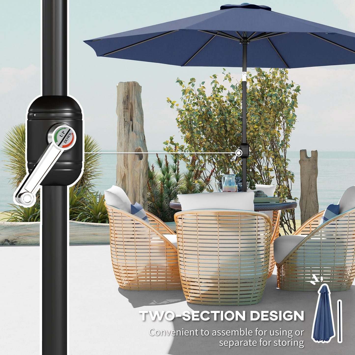 Outsunny 3m Garden Parasol Umbrellas With Tilt And Crank Handle 8 Ribs Navy Blue