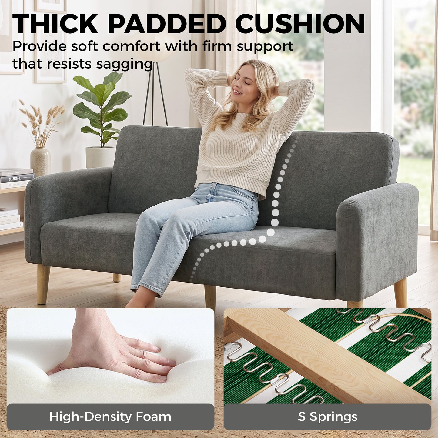 HOMCOM Compact 2 Seater Grey Velvet Sofa With Thick Padding