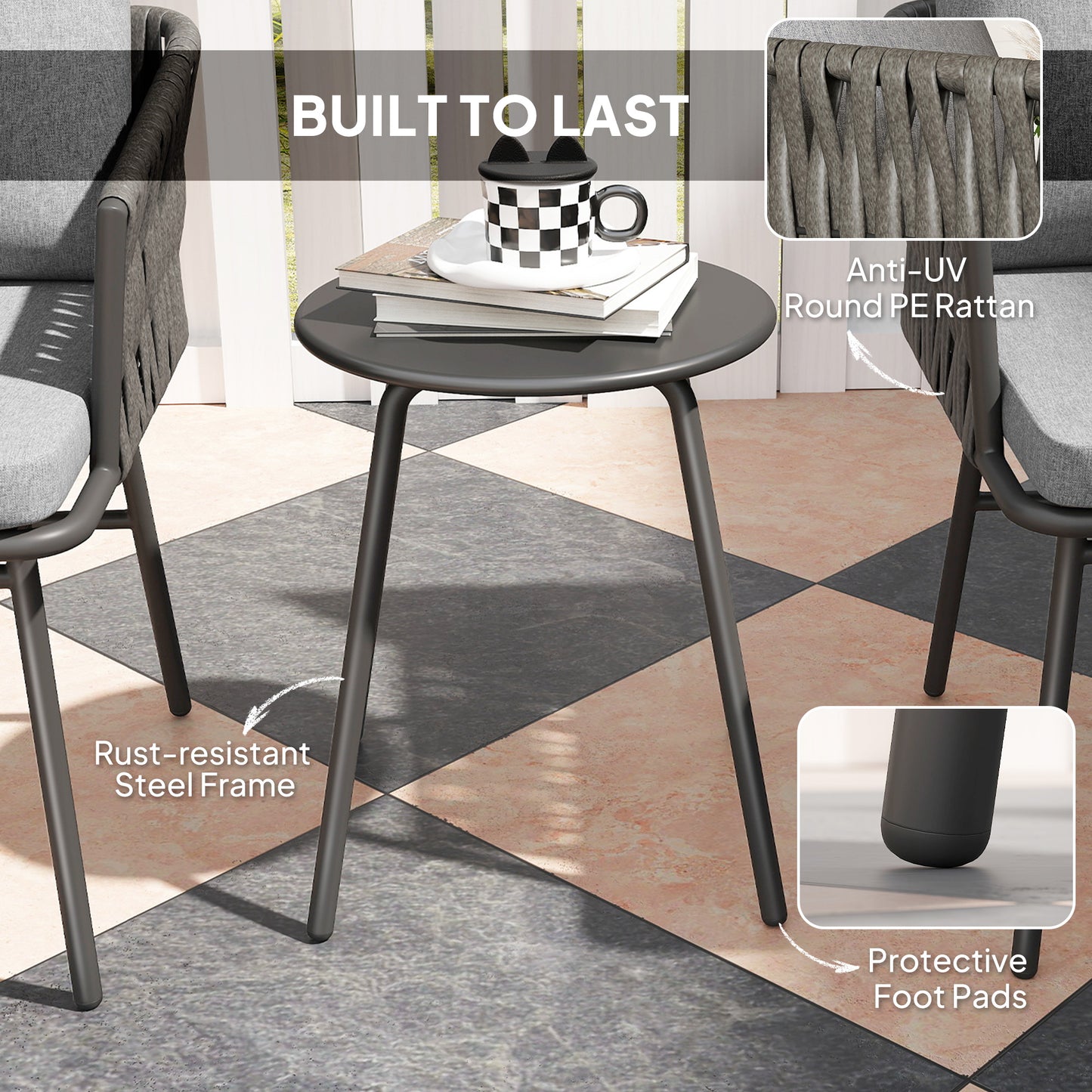 Outsunny 3 Piece Rattan Bistro Set With Table And Chairs And 4 Cushions For Balcony Porch Terrace Garden Grey