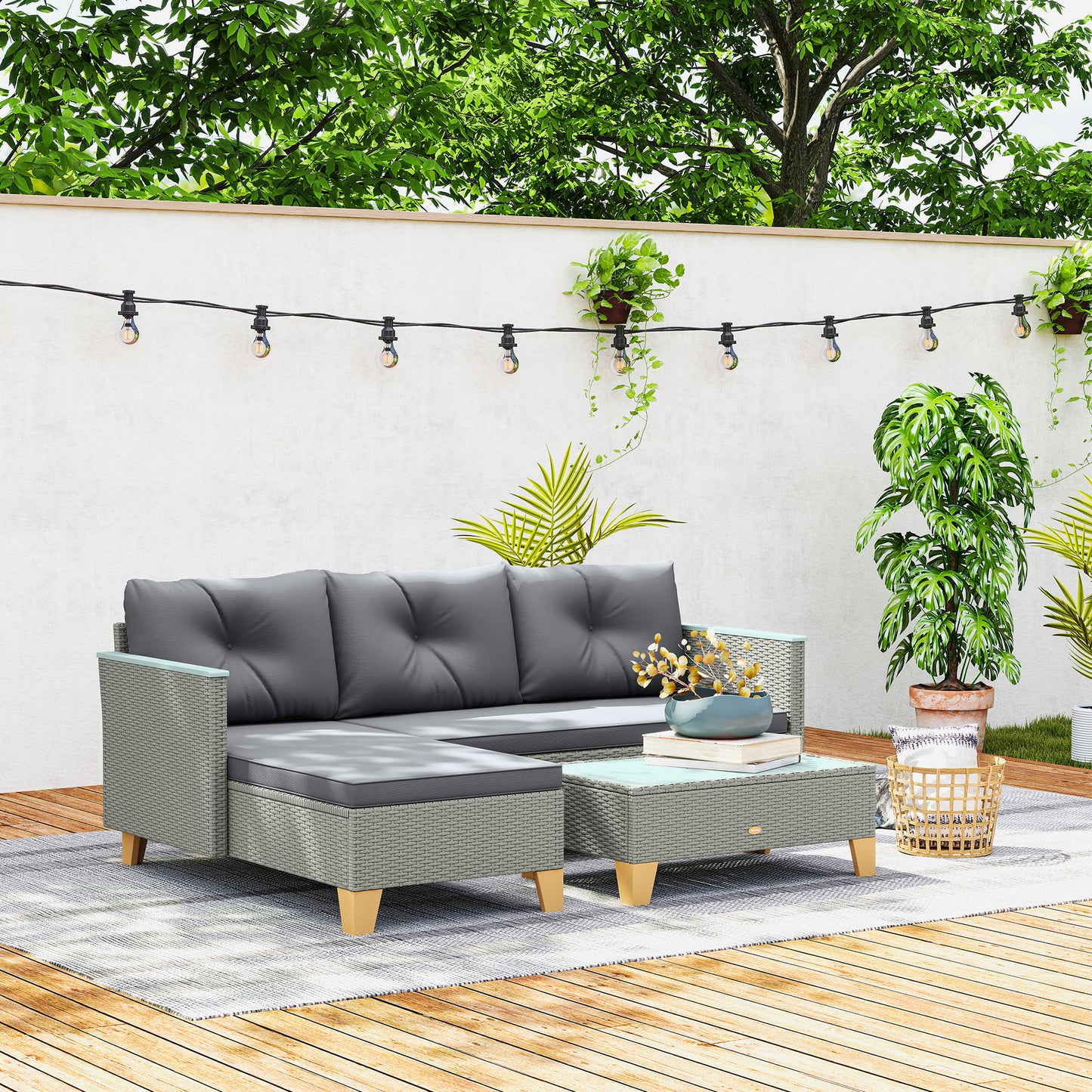 Outsunny 3 Piece Rattan Garden Furniture Set L Shaped Sofa Chaise Lounge With Wood Top Coffee Table Charcoal Grey