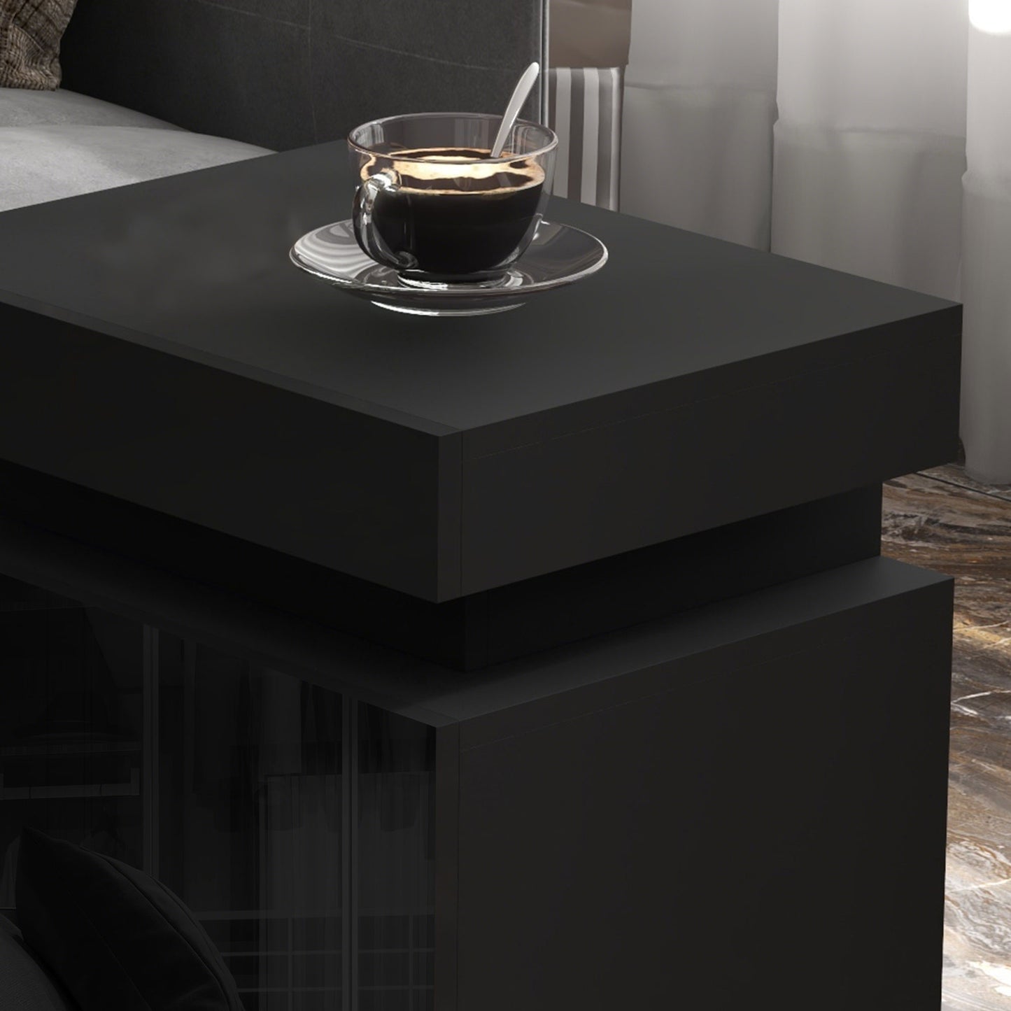 HOMCOM Black LED Color Changing Bedside Table With 2 Drawers High Gloss Front Nightstand For Living Room And Bedroom