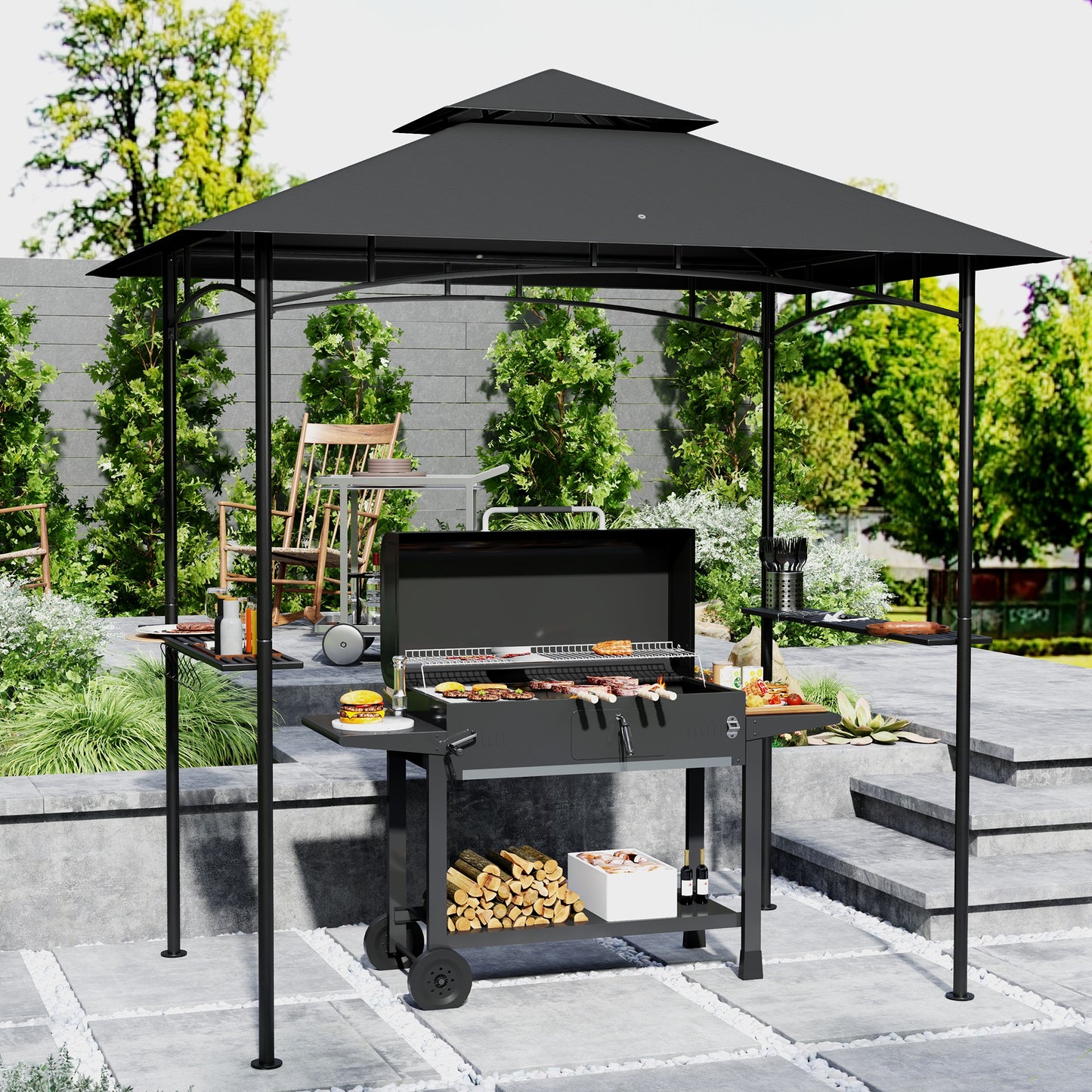 Outsunny 8 By 5 Ft Grill Gazebo With Double Tier Canopy LED Lights 2 Side Shelves And Hooks Dark Grey