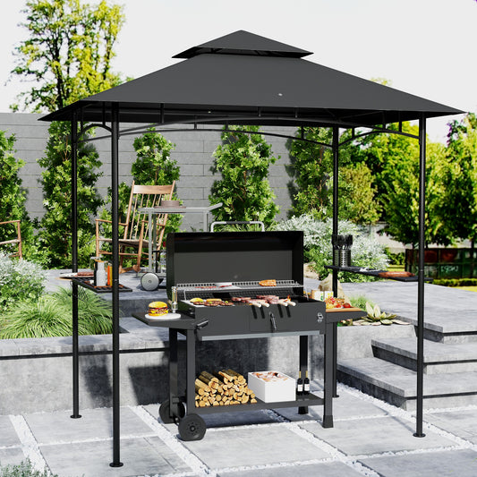Outsunny 8 By 5 Ft Grill Gazebo With Double Tier Canopy LED Lights 2 Side Shelves And Hooks Dark Grey