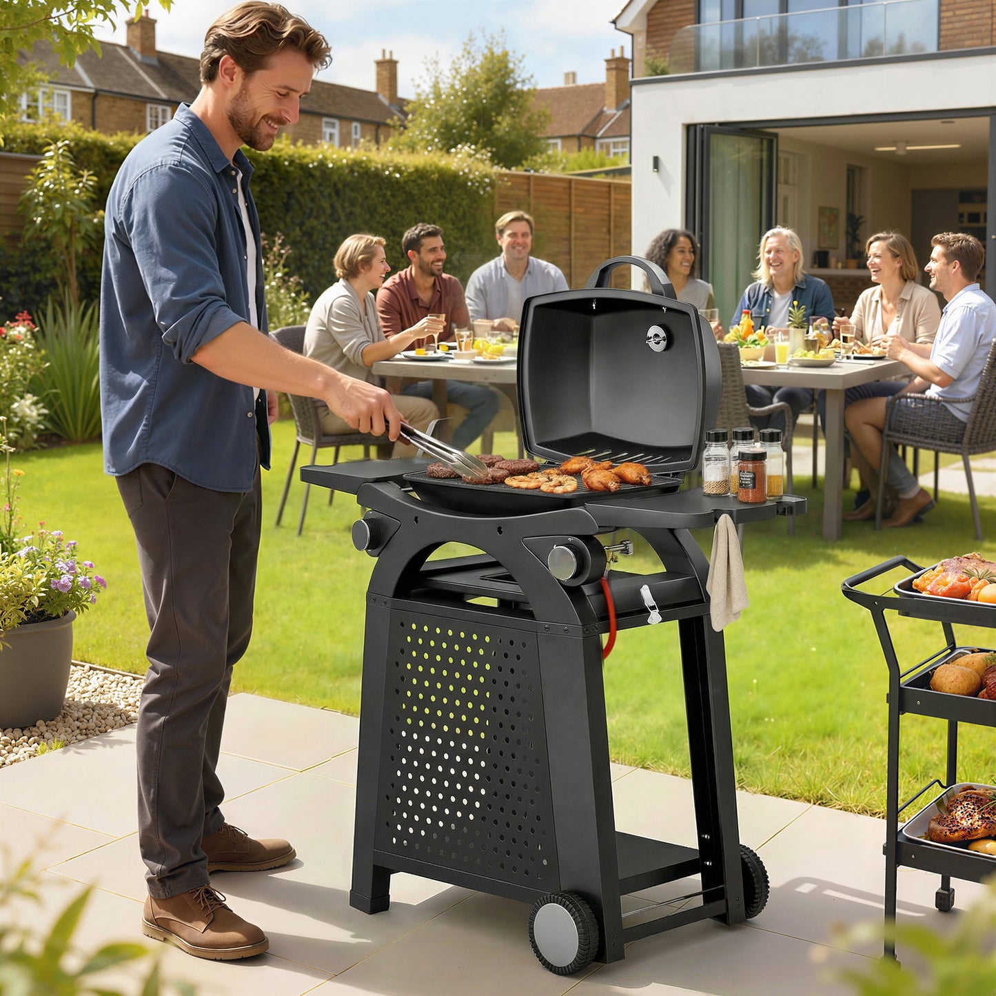 Outsunny 2 Burner Gas Grill With Side Tables And Cast Iron Grates, 3.8 KW Portable Tabletop BBQ With Wheels