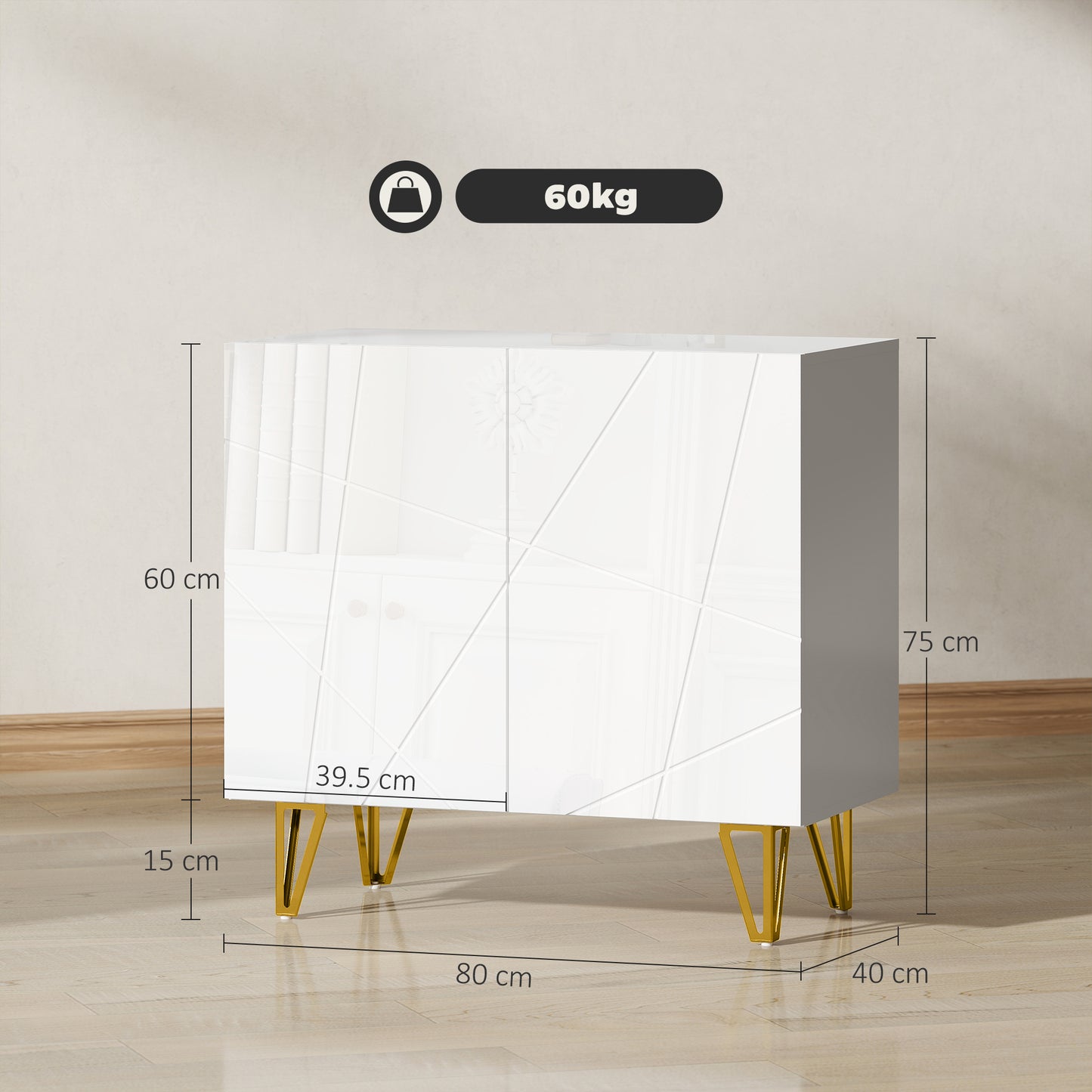 HOMCOM Modern Luxe High Gloss Sideboard White With Hairpin Legs Gold Colored Two Large Storage Compartments
