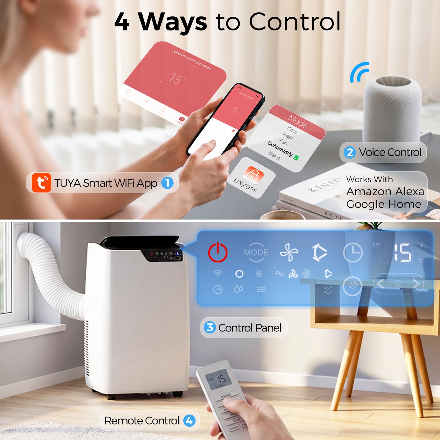 HOMCOM Portable Air Conditioner 12000 BTU 4in1 Unit With Cooling Dehumidifier Fan Sleep Mode WiFi Voice Remote