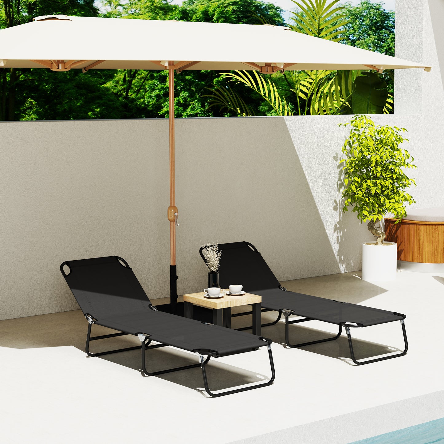Outsunny Garden Sun Lounger With Five Position Backrest Adjustable Folding Black Metal Frame