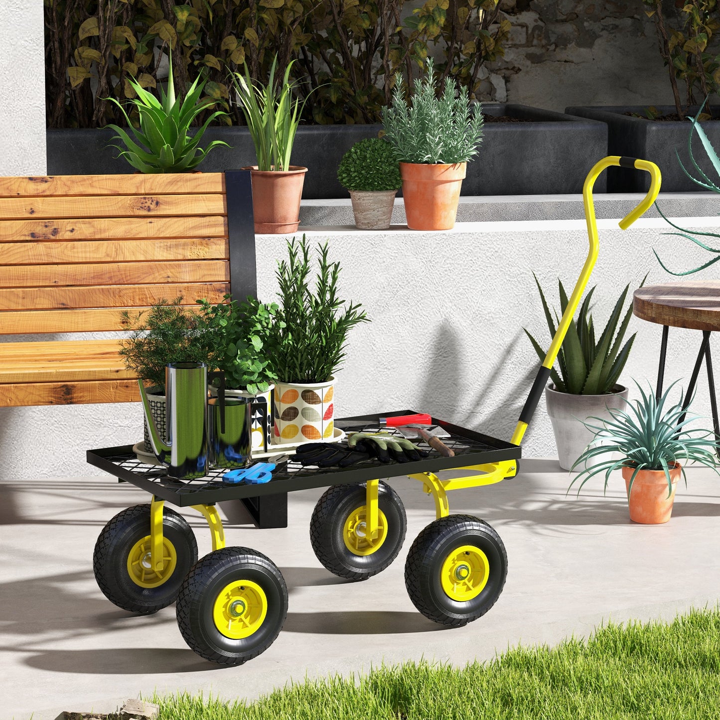 Outsunny Heavy Duty Garden Cart With Metal Frame 10 Inch Pneumatic Wheels Rotating Handle 150kg Capacity Yellow