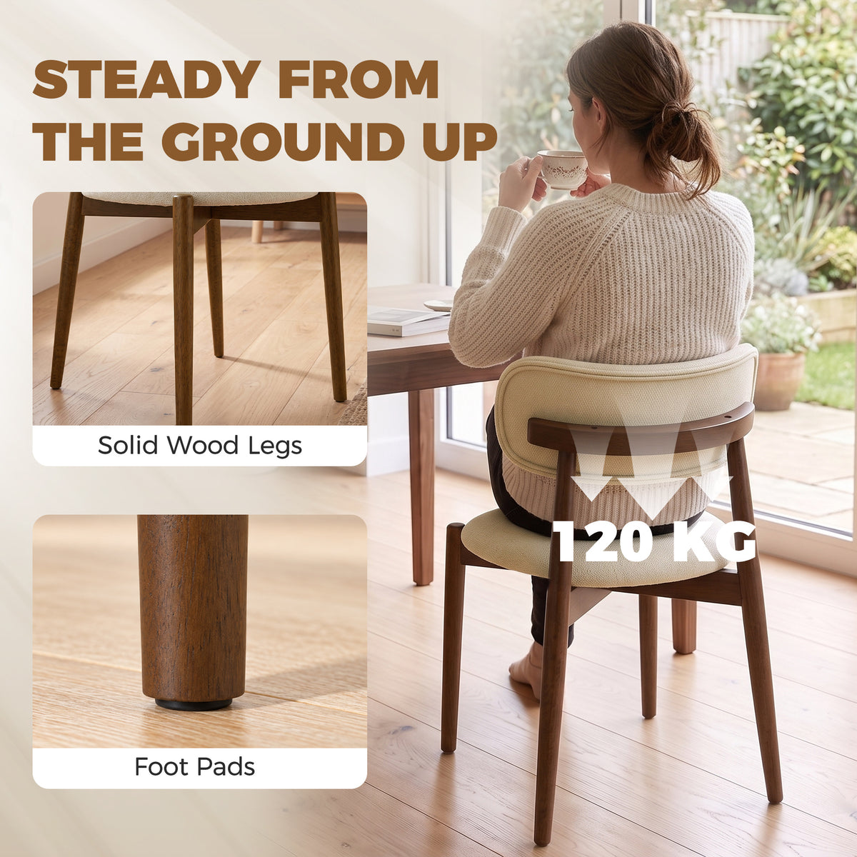 Beige chenille dining chair with solid wood legs and protective foot pads