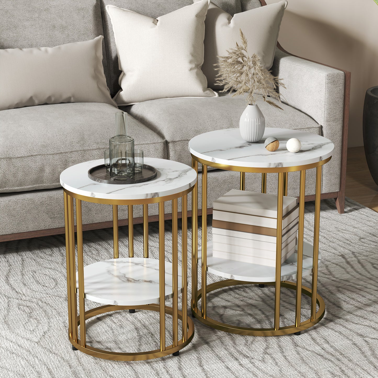 HOMCOM Marble Effect Coffee Table Set White And Gold Tone Two Piece With Two Tier Design