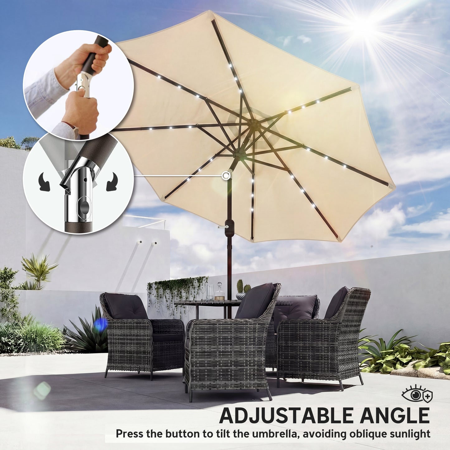 Outsunny 2.6m Garden Parasol Umbrella With LED Solar Light And Parasol Cover Beige For Outdoor Patio