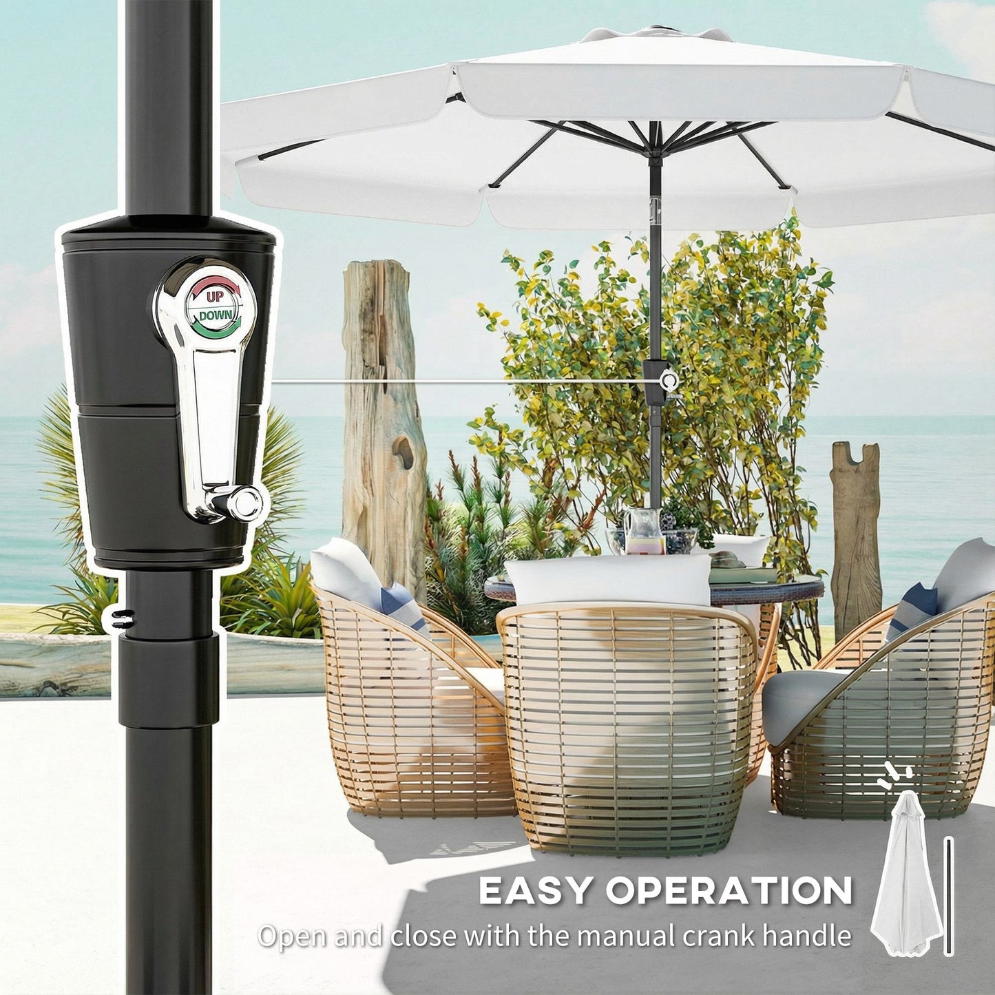 Outsunny 3 Meter Garden Parasol With Tilt Mechanism And Crank Handle UPF 30 Plus Patio Umbrella Cream White
