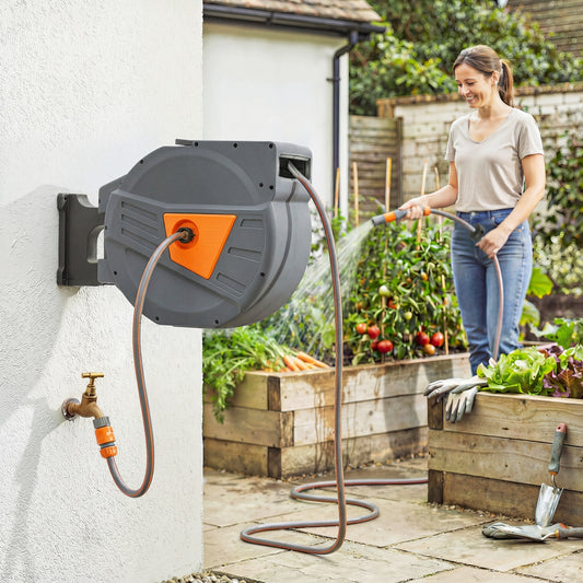 Outsunny Retractable Hose Reel Wall Mounted 40 Plus 2m Garden Hose Pipe Reel With Auto Retraction Self Locking Orange