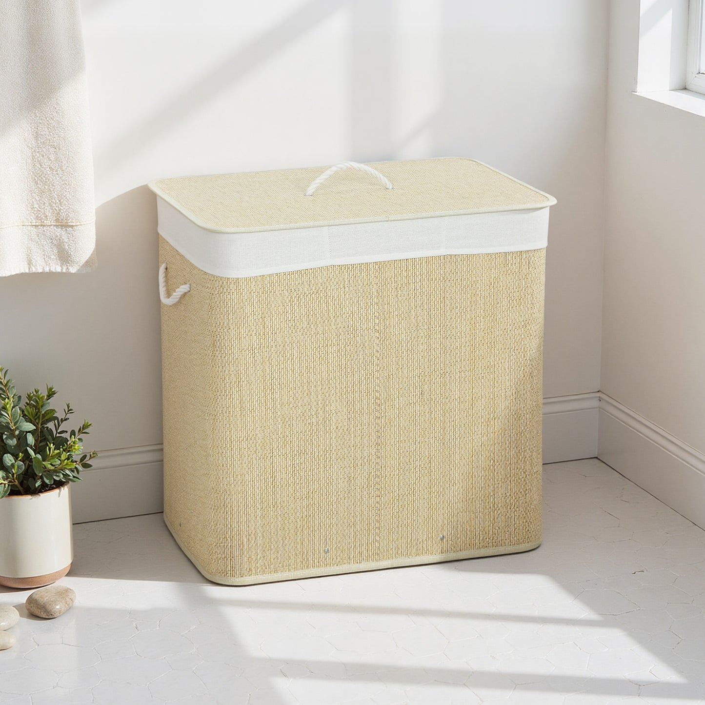 HOMCOM 3 Section Laundry Hamper With Lid 144L Bamboo Laundry Basket With Handles Removable Washable Liner Cream White