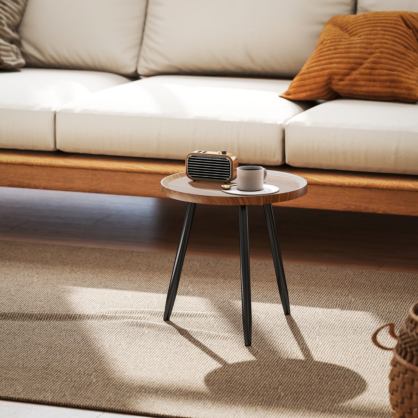 HOMCOM Modern Round Coffee Table With Steel Frame For Small Space Living Room And Bedroom Walnut Wood Effect