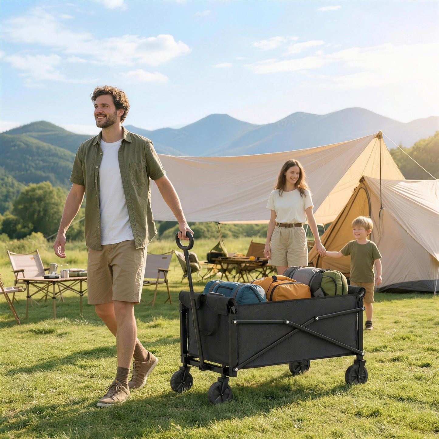 Outsunny 81L Festival Trolley On Wheels Compact Garden Folding Trolley Cart With Adjustable Handle Black