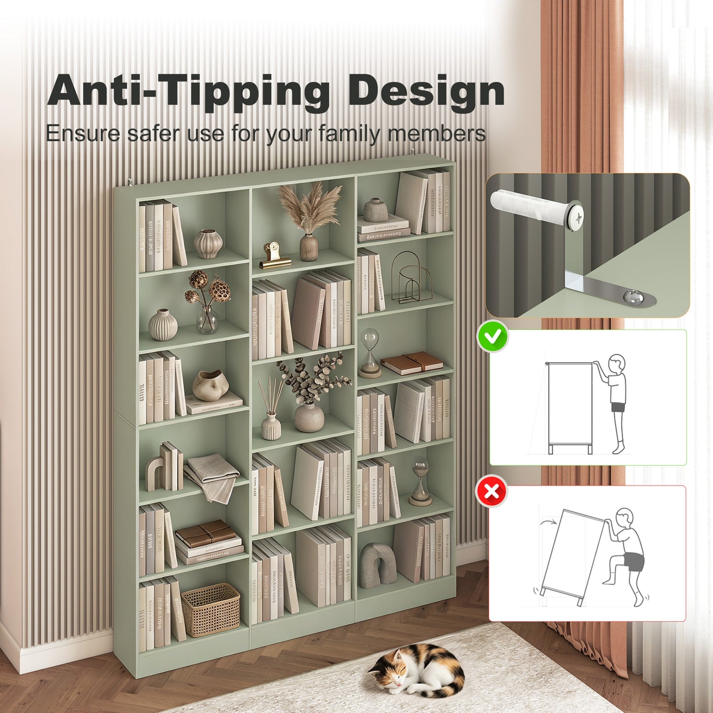 HOMCOM Six Tier Bookcase With Open Storage And Anti Tipping Hardware Adjustable Shelves In Light Green