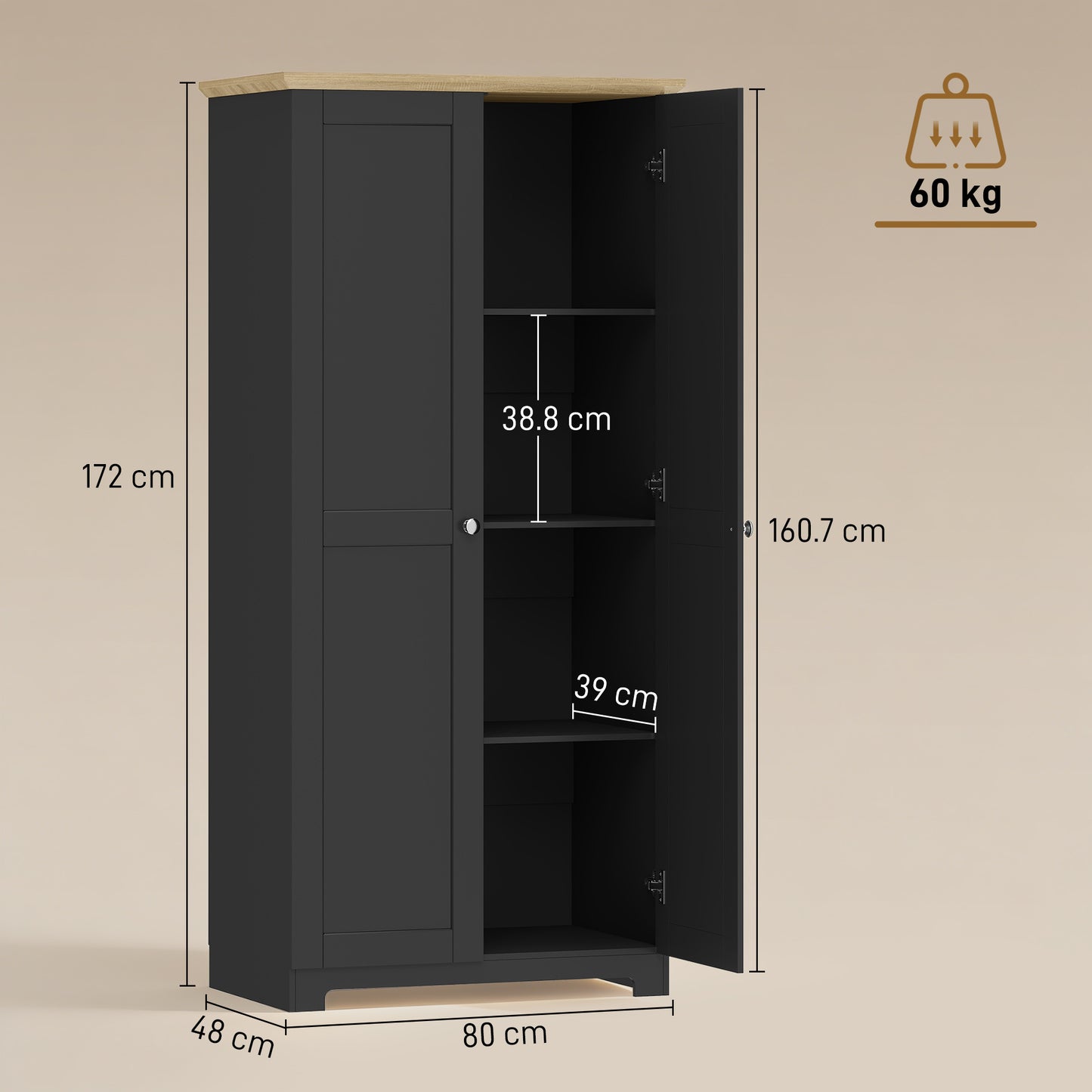 HOMCOM Kitchen Cupboard 172cm Freestanding Storage Cabinet With Doors And Four Shelves Black