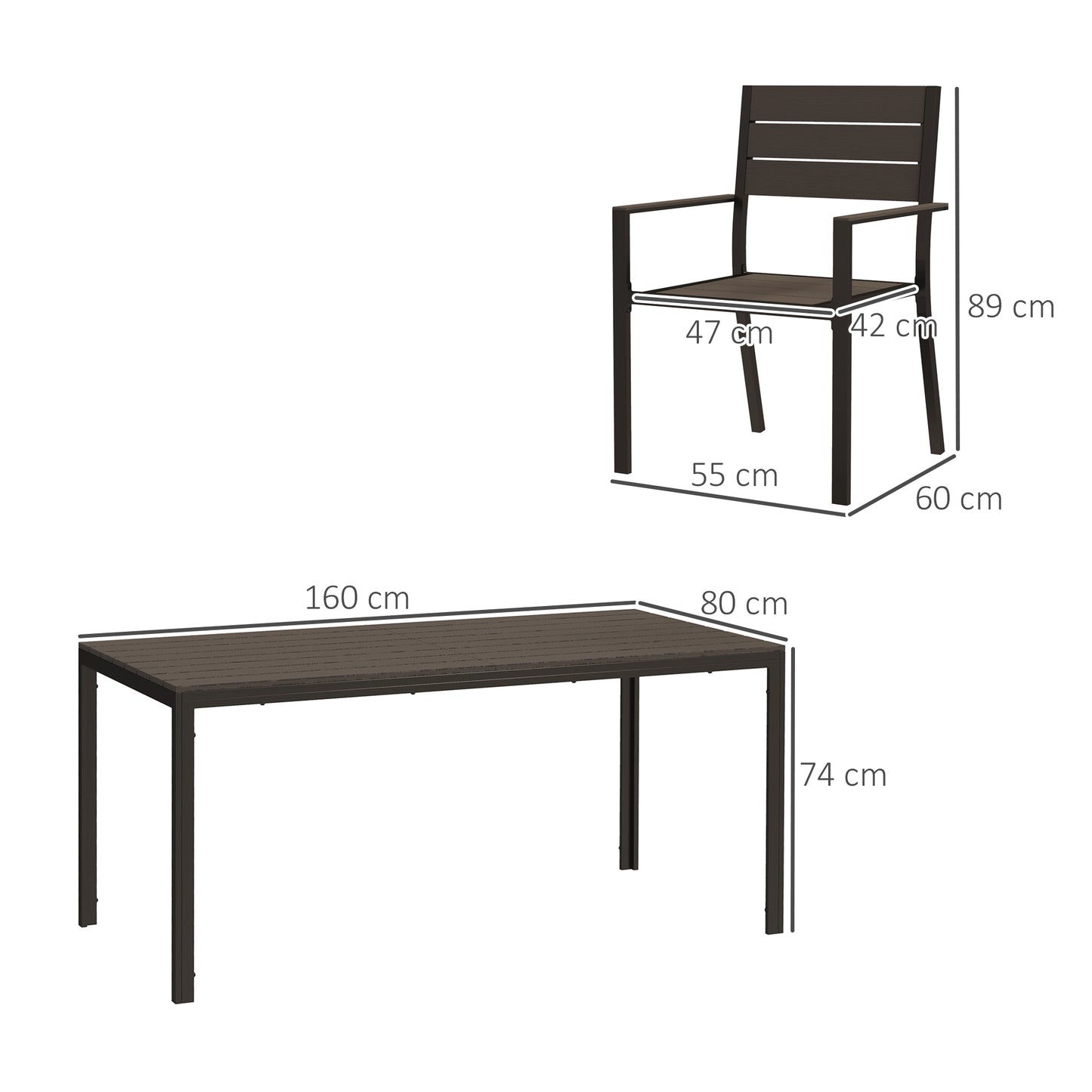 Outsunny Seven Piece Outdoor Dining Set With Six Stackable Chairs Brown For Patio And Garden Slatted Plastic Table