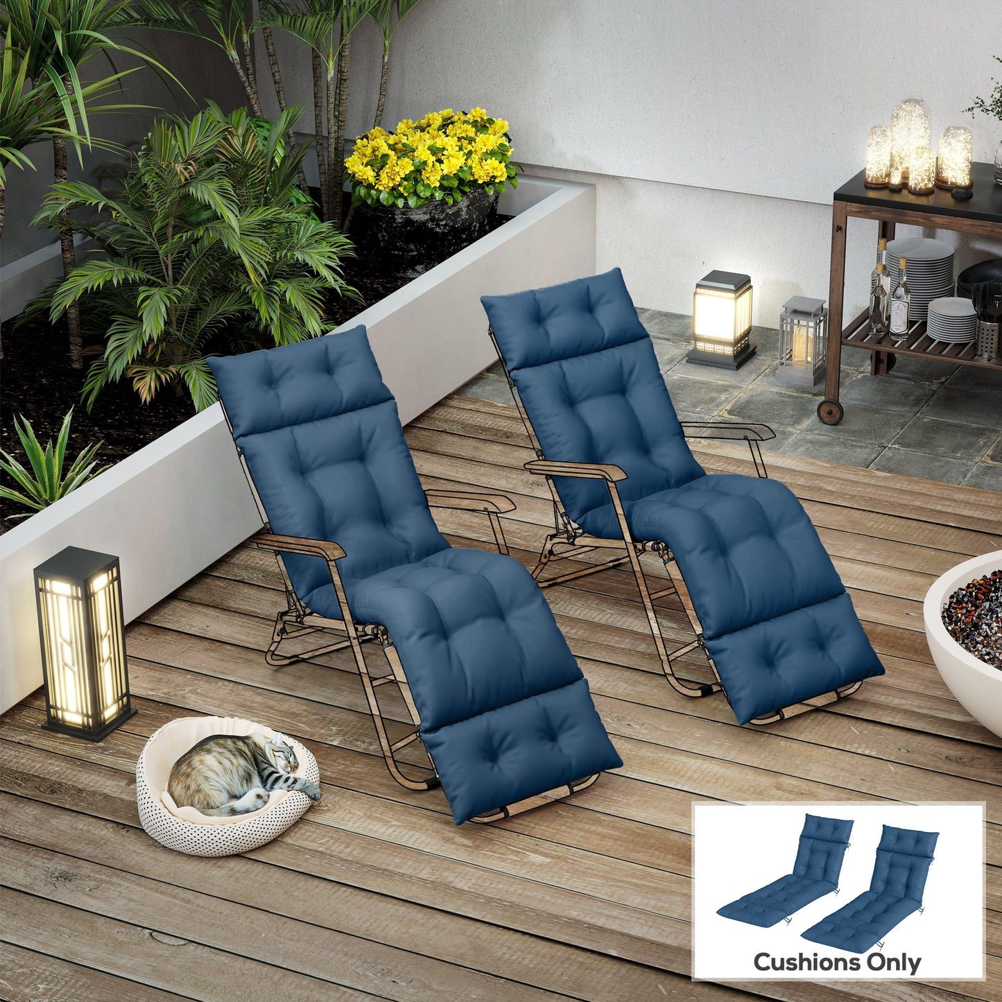 Outsunny Set of Two 190 by 56 cm Sun Lounger Cushions Navy Blue for Outdoor Recliner