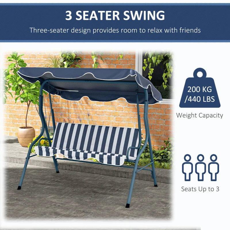 Outsunny 3 Seater Garden Swing Seat Chair Outdoor Bench with Adjustable Canopy and Metal Frame - Blue Stripes | Patio Swing for Relaxation and Comfort - ALL4U RETAILER LTD