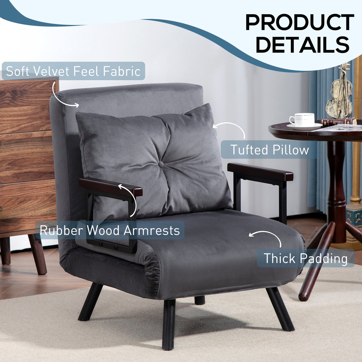 HOMCOM Velvet-Feel Multi-Functional Foldable Armchair Bed with Pillow - Charcoal Grey - ALL4U RETAILER LTD