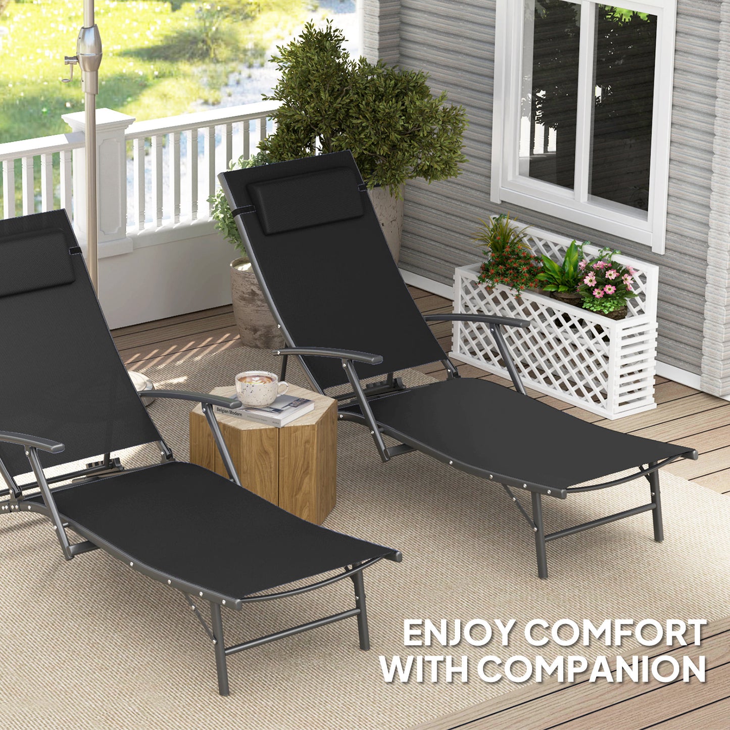 Outsunny Set of Two Adjustable Back Sun Loungers Black With Quick Dry Texteline Mesh and Cushioned Pillows