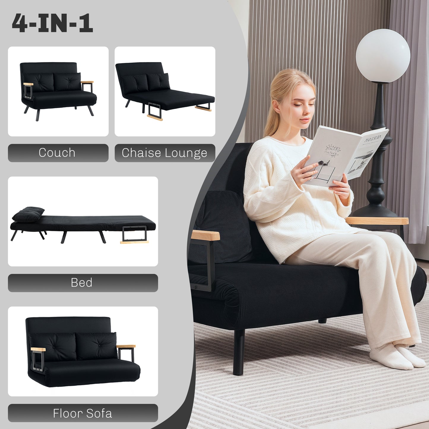 HOMCOM 4-In-1 Velvet-Feel Double Sofa Bed With Pillows Black Steel Frame Five-Position Backrest Cushioned For Comfort