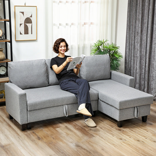 HOMCOM Three Seater Storage Sofa Bed Grey With Hidden Chaise Storage And Linen Look Upholstery