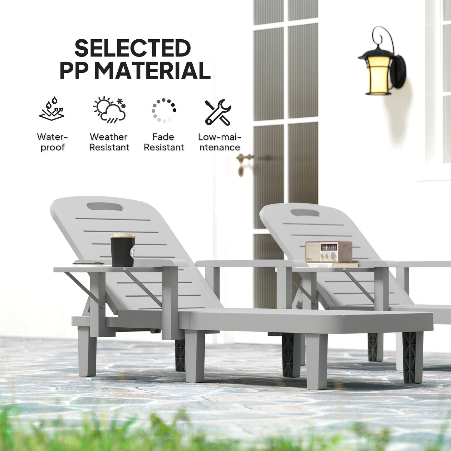 Outsunny Set Of 2 Resin Sun Loungers For Garden 5 Position Adjustable With WoodTexture Foldable Side Table Light Grey