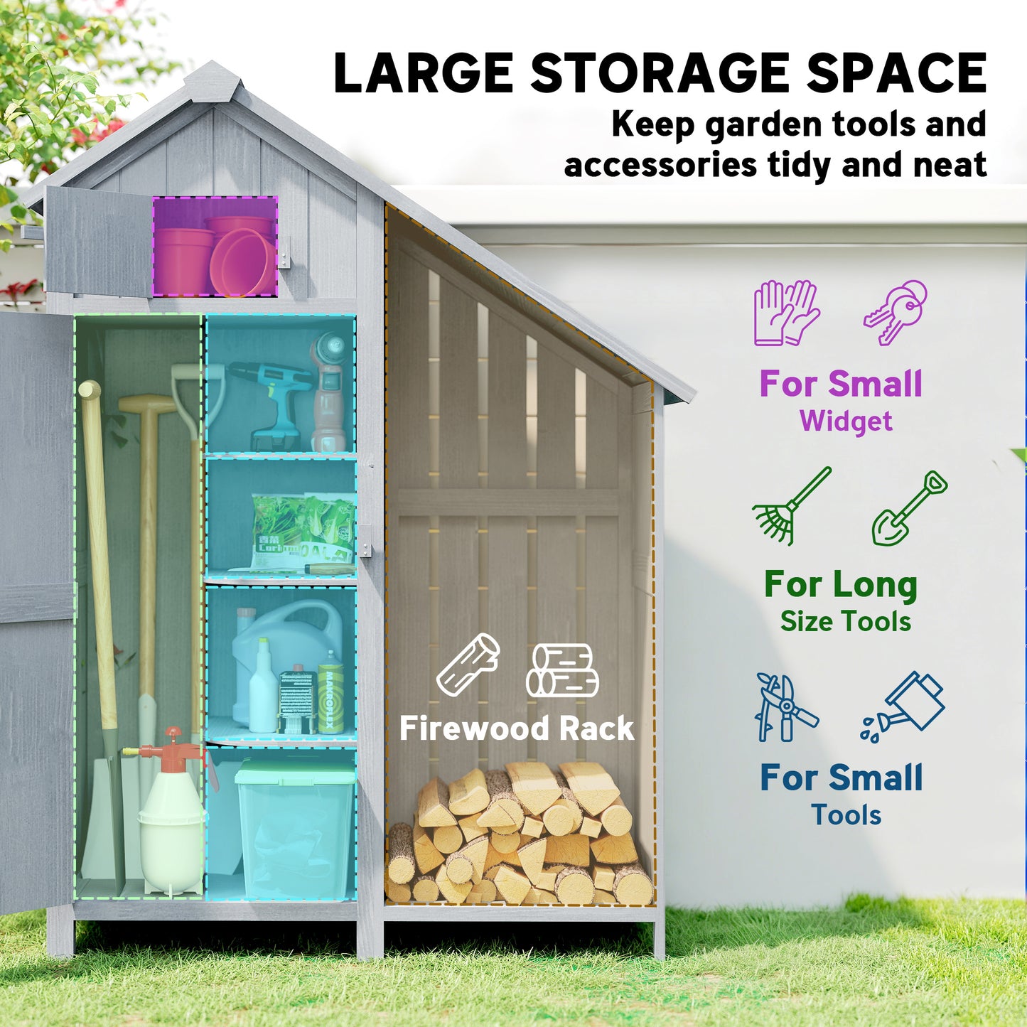 Outsunny Garden Outdoor Storage Shed With Three Shelves Tilt Roof Firewood Rack Log Carrier 129L x 51.5W x 180H cm