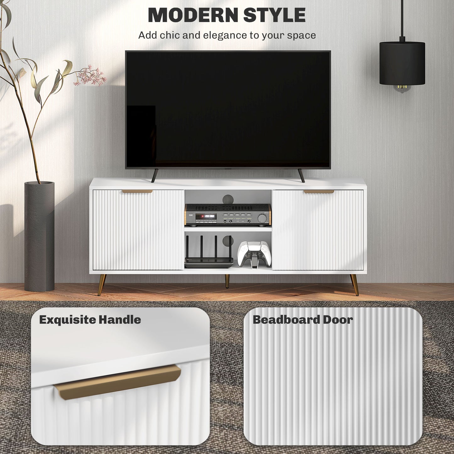 HOMCOM Modern TV Stand For 55 Inch TVs White Entertainment Center With 2 Cabinets Open Shelves Cable Management