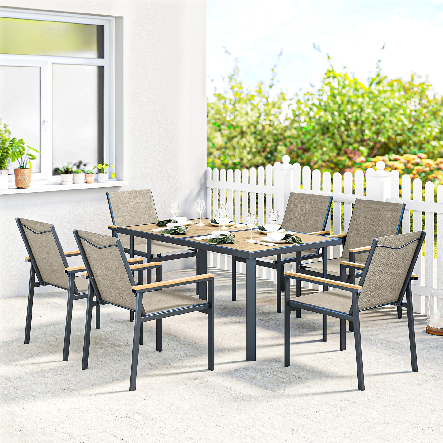 Outsunny Seven Piece Metal Garden Dining Set With Glass Top Table Khaki Outdoor Patio Furniture