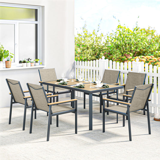 Outsunny Seven Piece Metal Garden Dining Set With Glass Top Table Khaki Outdoor Patio Furniture