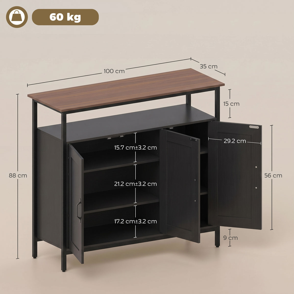 Industrial sideboard with two cabinets and open shelf, shown with dimensions and weight