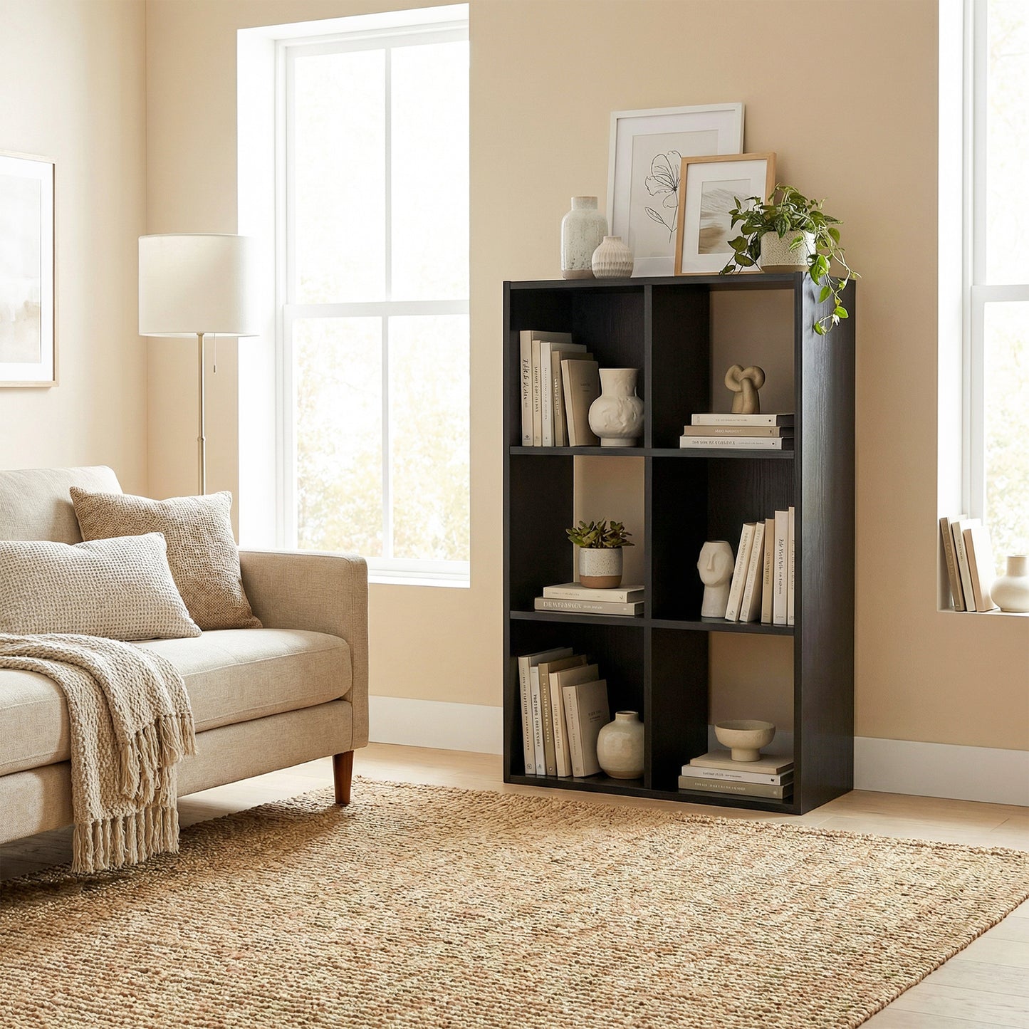 HOMCOM Industrial Style Storage Shelf Bookcase With 6 Compartments For Living Room And Home Study Black Wood Effect