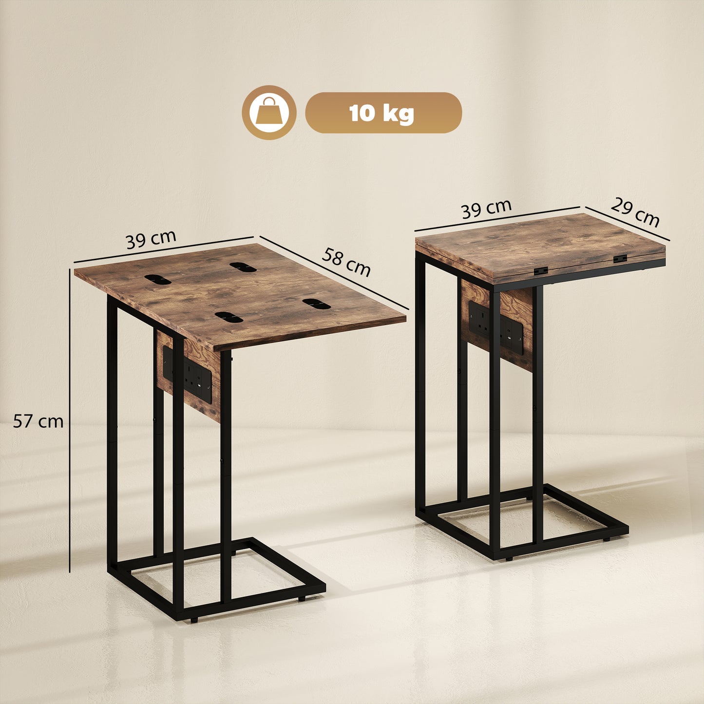 HOMCOM C Shaped Side Table With Charging Station And Foldable Top Rustic Brown Compact Design