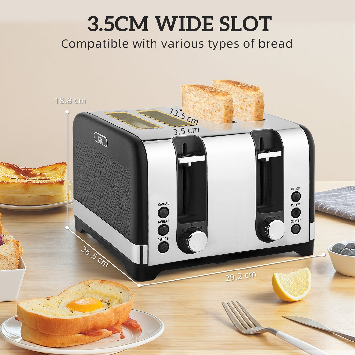 HOMCOM Kettle And Four Slice Toaster Set Black Sleek Textured Kitchen Appliance Pair